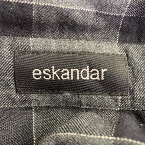ESKANDAR Size L Black Charcoal Cotton Oversized Checkered Point Collar Shirt