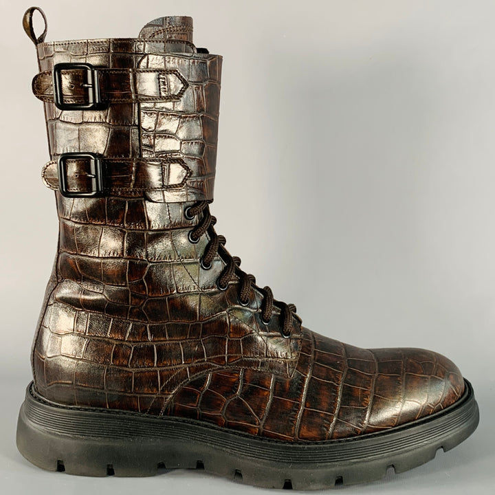 MICH SIMON Size 11 Brown Croc Embossed Leather Lace-Up Belt Calf High Military Boots