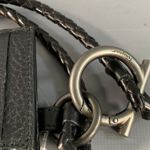 SALVATORE FERRAGAMO One Size Black Pebble Grain Leather Card Case Lanyard