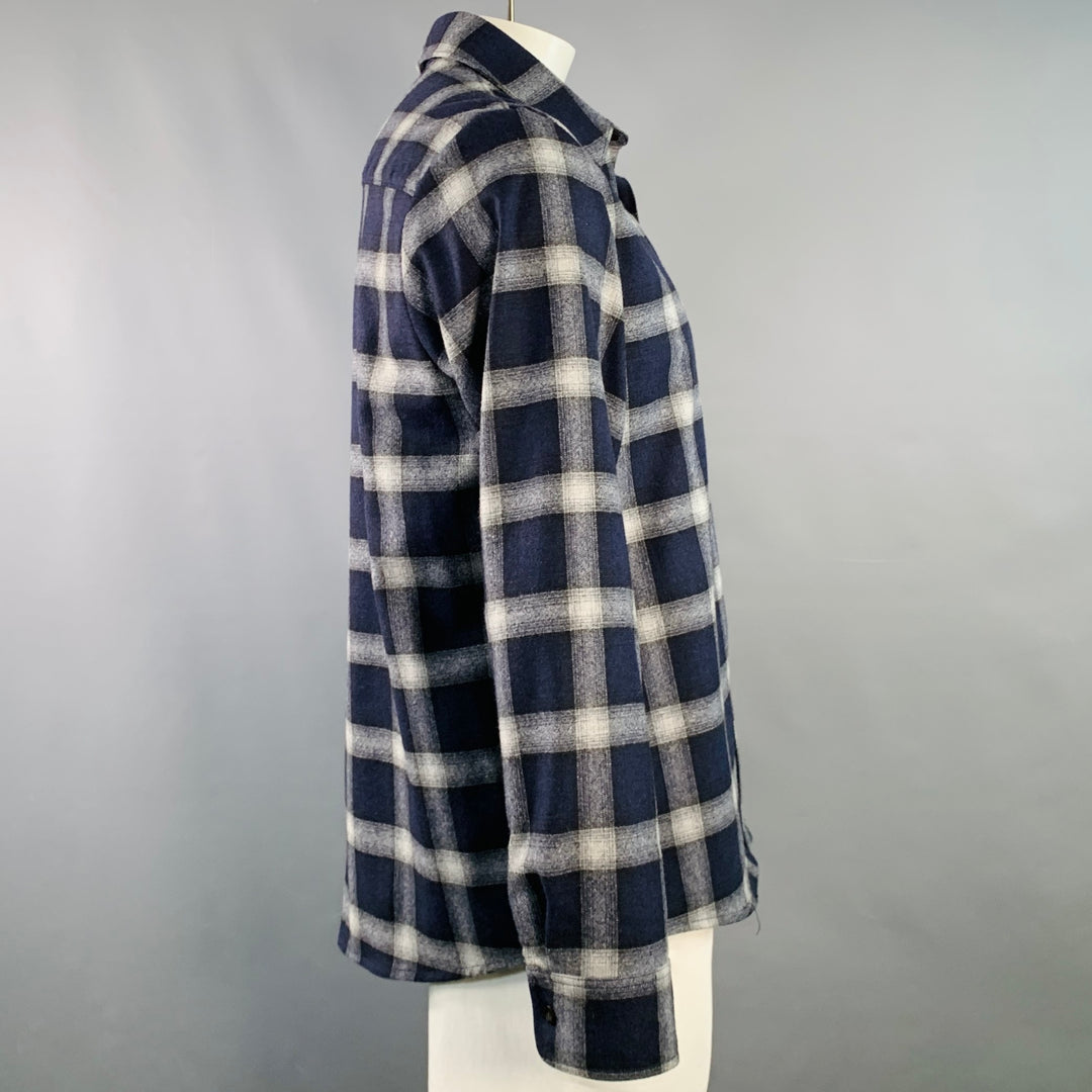 A.P.C. Size XL Navy Grey Plaid Wool Blend Button Up Long Sleeve Shirt