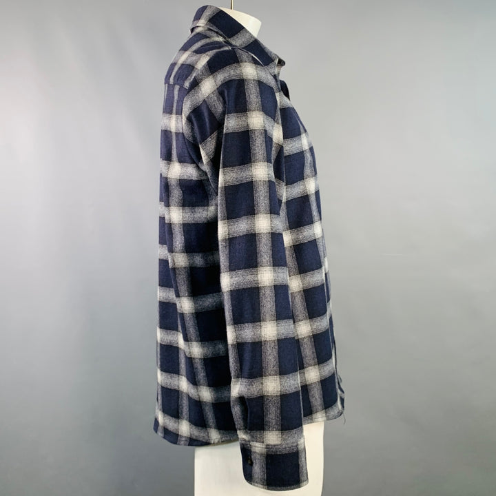 A.P.C. Size XL Navy Grey Plaid Wool Blend Button Up Long Sleeve Shirt