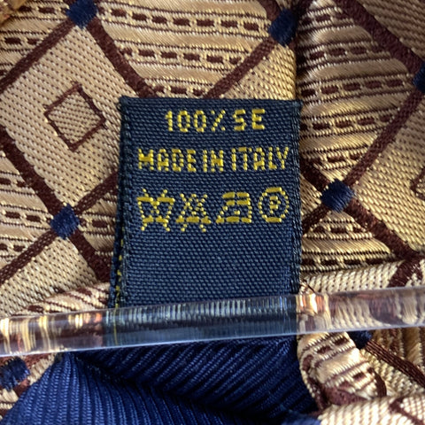 GUGLIELMO CONTE Gold Brown Navy Diamond Grid Check Silk Tie