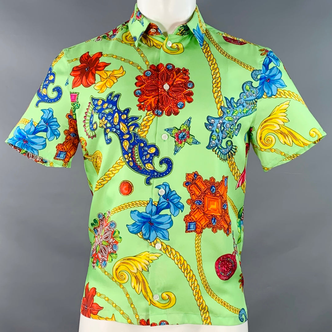 VERSACE Size M Green Multi Color Baroque Twill Short Sleeve Shirt