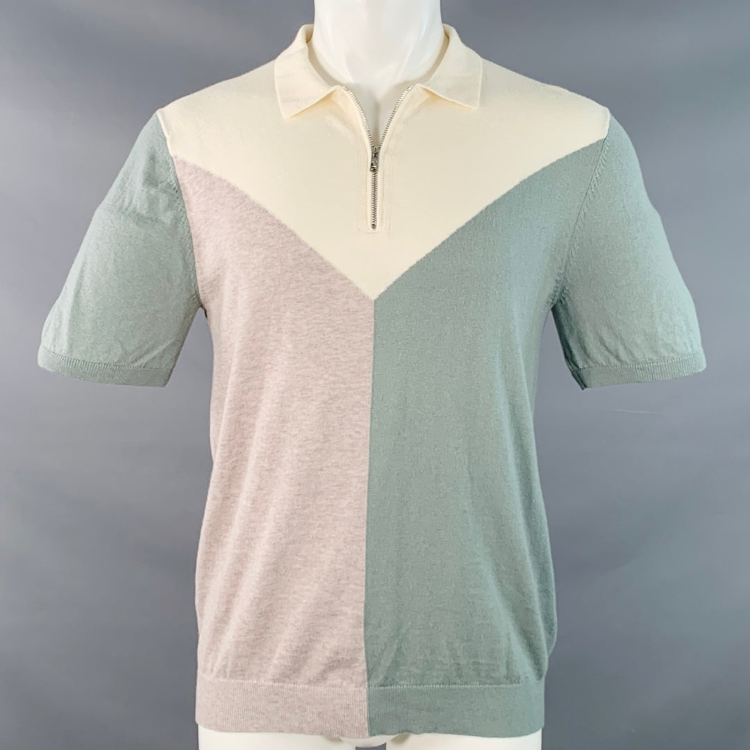 REISS Size M Butler Cream Beige Sage Green Color Block Wool Cotton Jersey Zip Up Polo