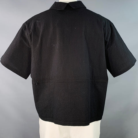 SPENCER BADU Size L Black Seersucker Cotton Oversized Zip Up Short Sleeve Shirt