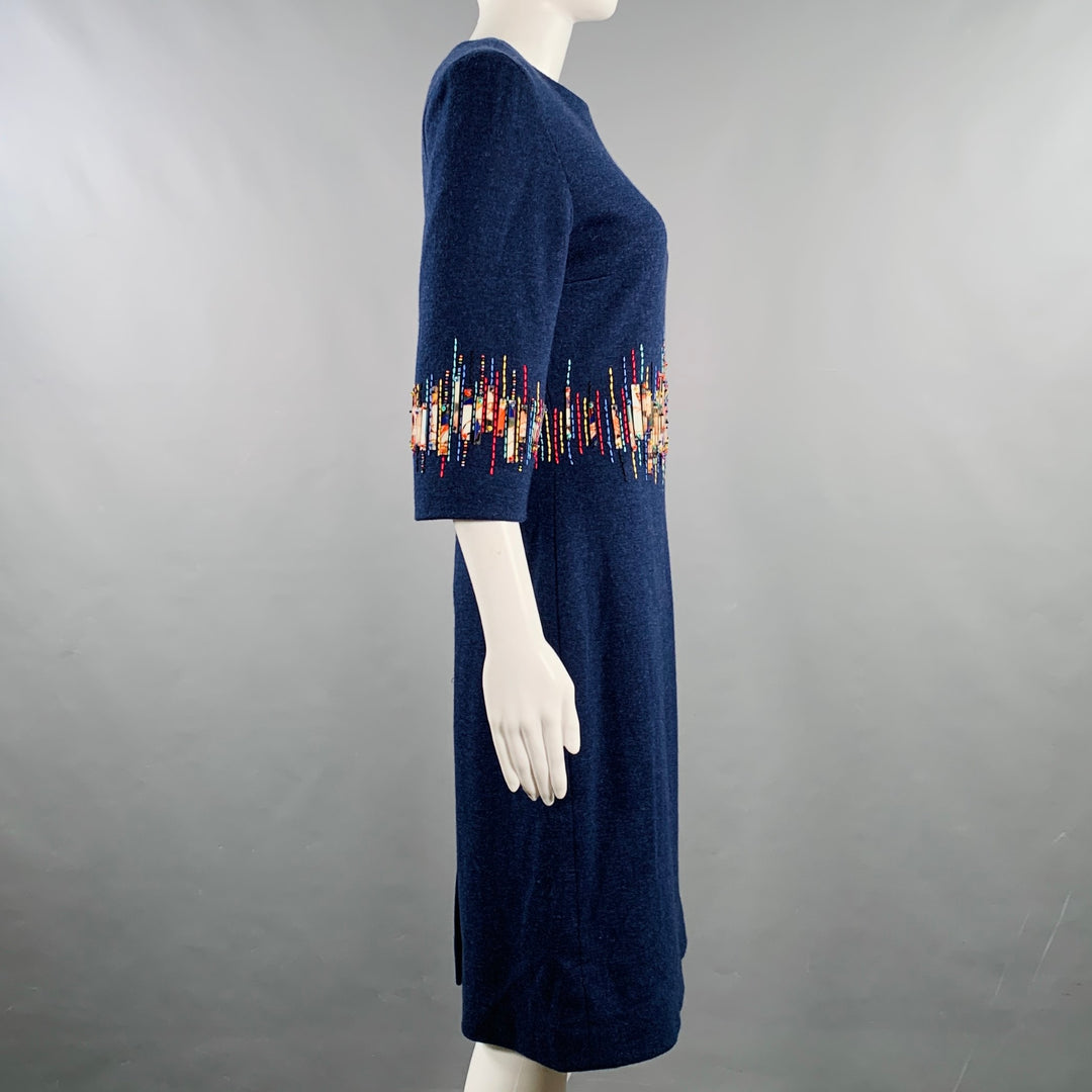 CAROLINA HERRERA Size 6 Blue Multi Color Wool Beaded Back Zip Dress