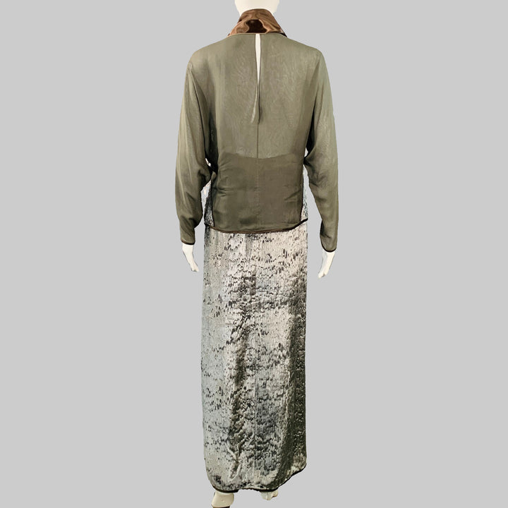 GEOFFREY BEENE Size 6 Grey Green Brown Silk Polyester Velvet Top Skirt Set