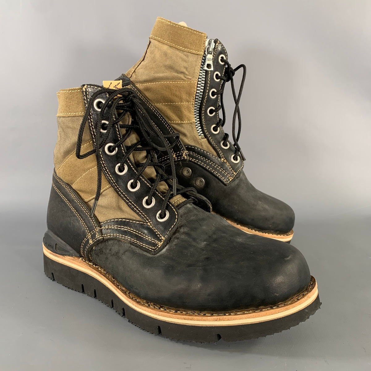 VISVIM Size 9.5 Black Olive Distressed Leather Canvas Lace Up Boots Visvim 7 Hole 73 Folk Boots Veggie Tan Black Olive Used size  main image 2