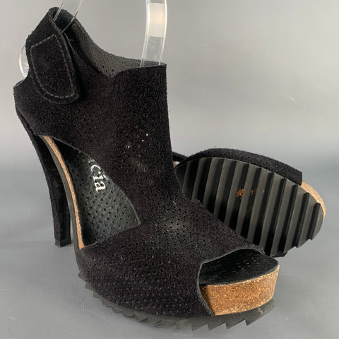 PEDRO GARCIA Size 9 Black Perforated Suede Platform Sandals