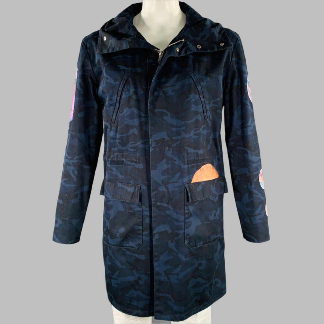 RAF SIMONS Size 42 Navy Black Camo Cotton Hooded Coat