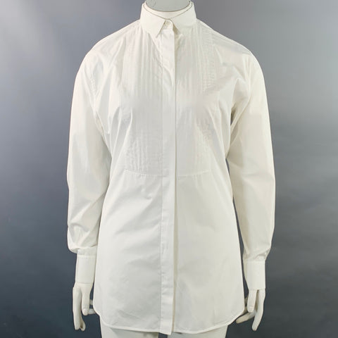 CELINE Size 12 White Cotton Hidden Buttons Formal Shirt