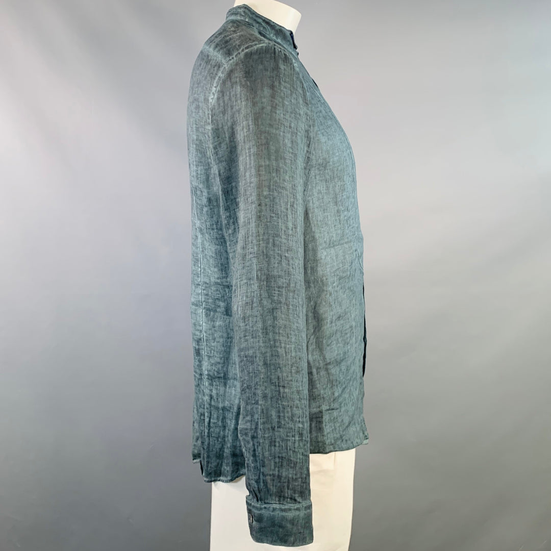 JOHN VARVATOS Size L Blue Dyed Linen Wingtip Long Sleeve Shirt