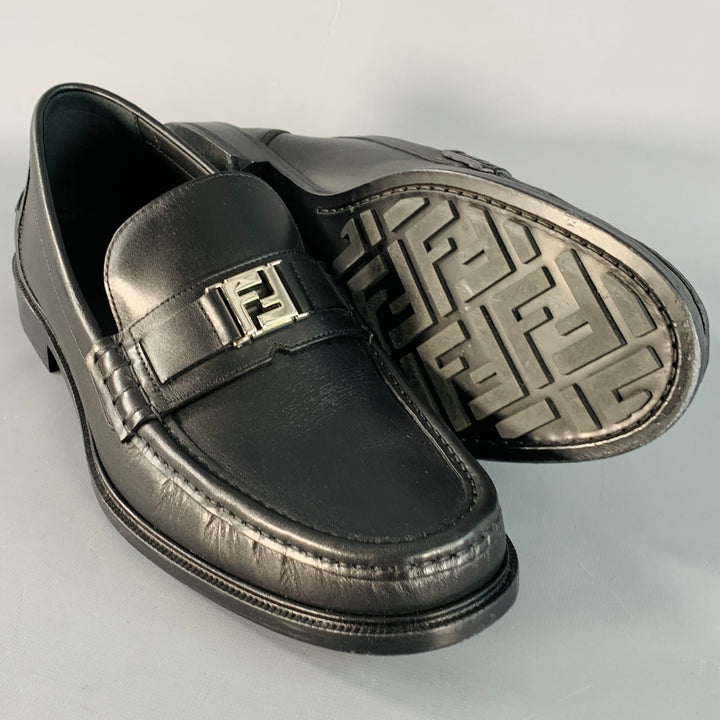 FENDI Size 13 Black Silver Calfskin Leather Monogram Buckle Slip On Loafers
