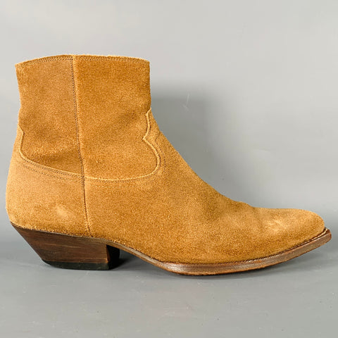 SAINT LAURENT Size 10 Camel Suede Side Zipper Western Cowboy Ankle Boots