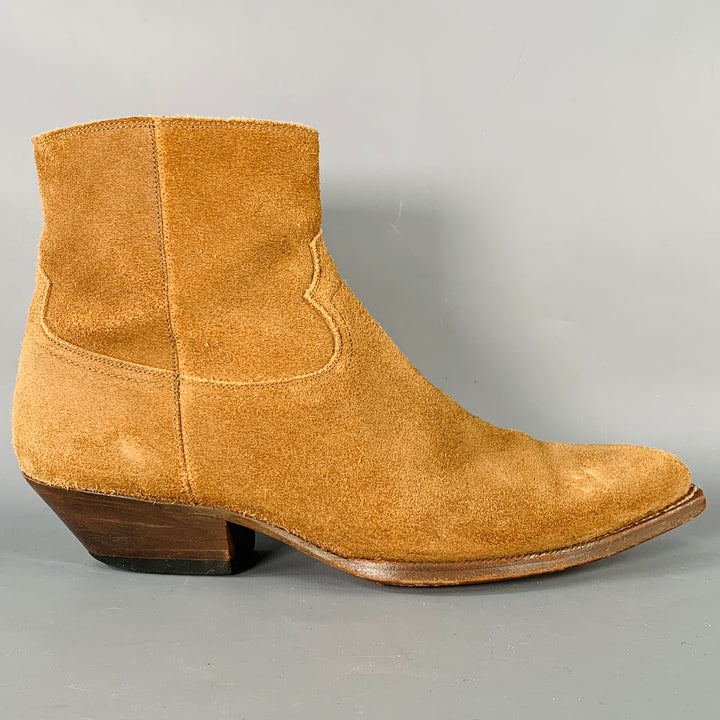 SAINT LAURENT Size 10 Camel Suede Side Zipper Western Cowboy Ankle Boots