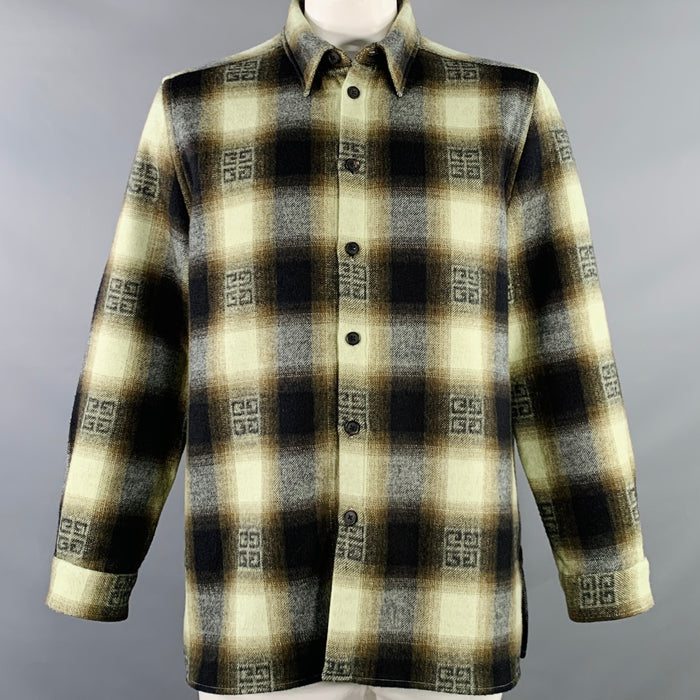 GIVENCHY Size L Green Black Plaid Monogram Wool Long Sleeve Shirt Jacket