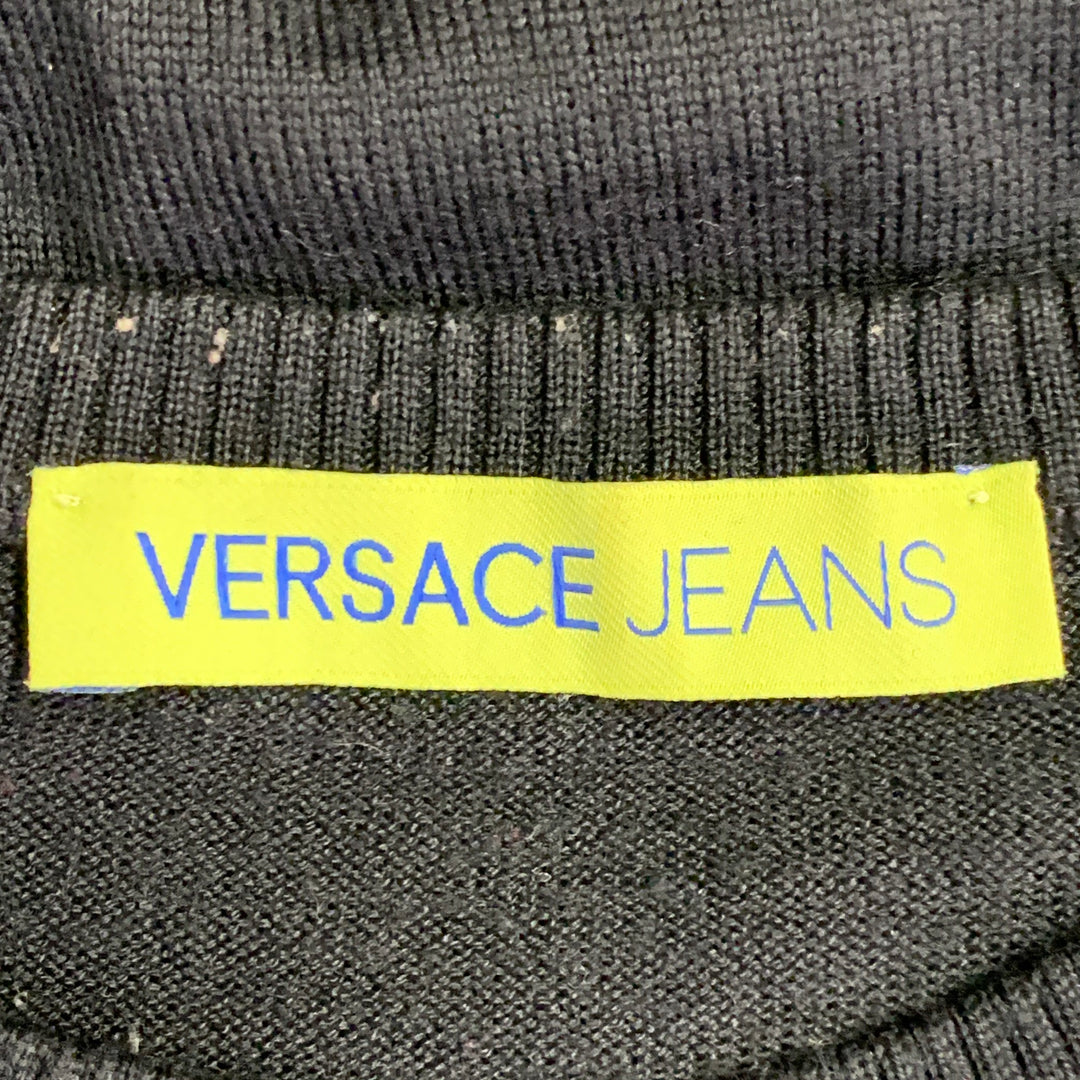 VERSACE JEANS Size L Black Gold Tiger Cotton Print Studded Crew Neck Sweater