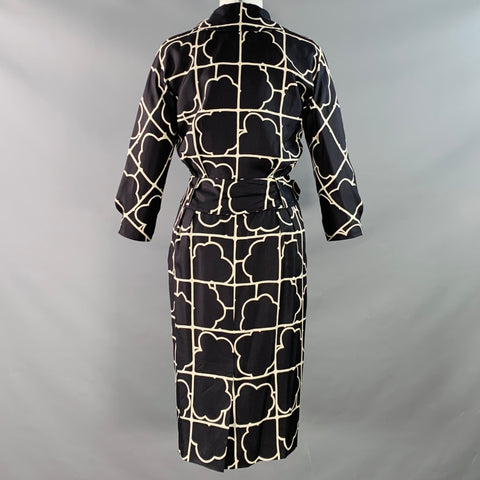 BARNEY'S NEW YORK Size 4 Navy White Silk Twill Geometric Belted Shirt Dress