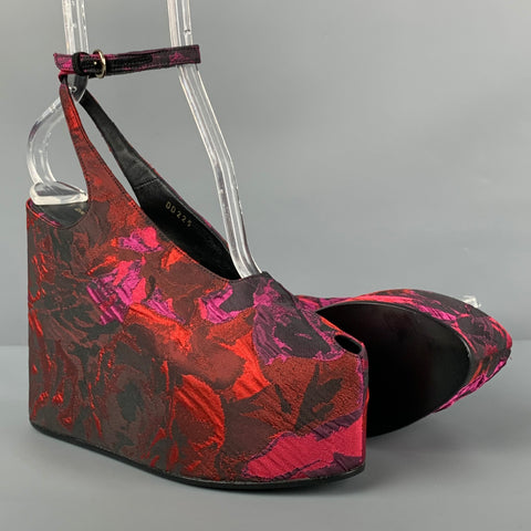 DRIES VAN NOTEN Taille 7.5 Escarpins compensés à plateforme en jacquard floral noir rouge