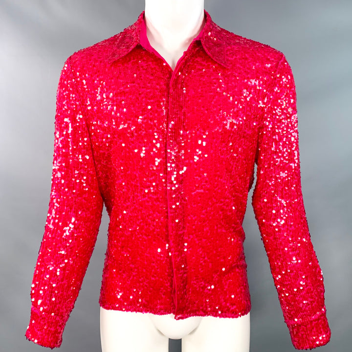 DRIES VAN NOTEN Size M Fuchsia Pink Sequined Viscose Hidden Buttons Long Sleeve Shirt