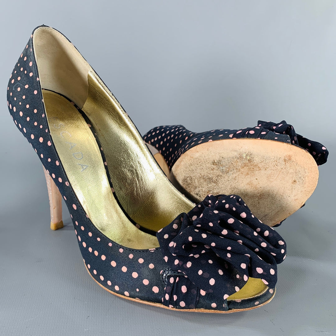 ESCADA Size 8.5 Navy Pink Silk Polka Dot Leather Trim Open Toe Pumps