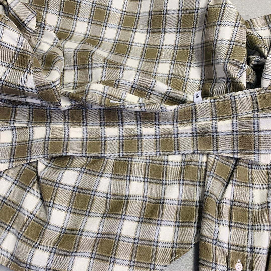 BOGLIOLI Size L Cream Olive Plaid Cotton Twill Spread Collar Long Sleeve Shirt