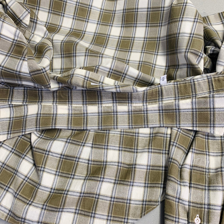 BOGLIOLI Size L Cream Olive Plaid Cotton Twill Spread Collar Long Sleeve Shirt