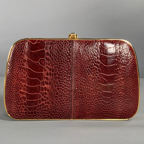 LORENZI Burgundy Gold Lizard Leather Clutch Handbag