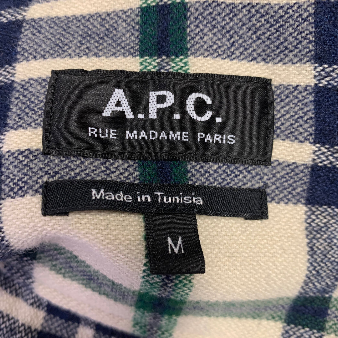 A.P.C. Size M Cream Navy Plaid Cotton Blend One Pocket Long Sleeve Shirt