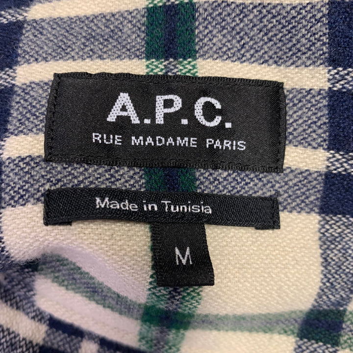 A.P.C. Size M Cream Navy Plaid Cotton Blend One Pocket Long Sleeve Shirt