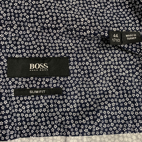 HUGO BOSS Size XL Navy White Floral Cotton Button Up Long Sleeve Shirt