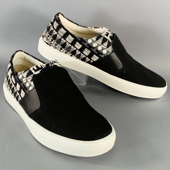 CHANEL Size 9 Black White Woven Canvas Slip On Lace-Up Sneakers