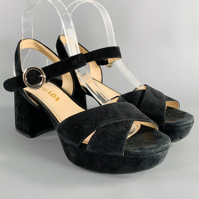 PRADA Size 7 Black Suede Chunky Heel Sandals