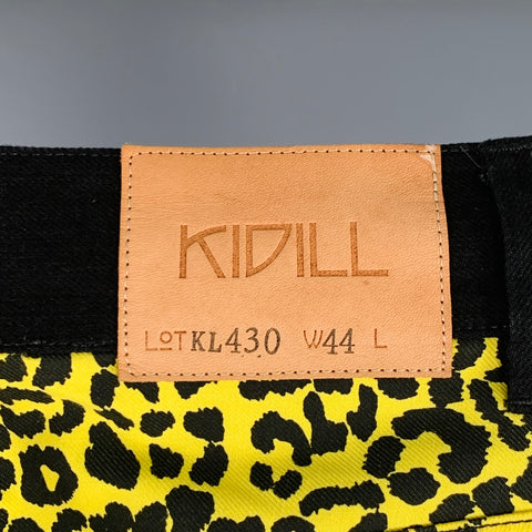 KIDILL Size 28 Black Yellow Mixed Fabrics Cotton Slim Tapered Zip Fly Jeans
