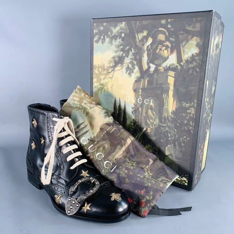 GUCCI Size 8.5 Dionysus Black Silver Gold Bee Stars Embroidery Buckle Boots