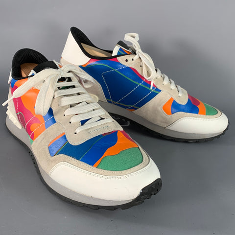 VALENTINO Size 10 White Multi Color Camo Leather Lace-Up Sneakers
