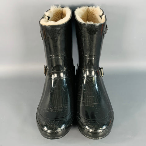 BURBERRY Size 10 Black Rubber Shearling Lined Rain Boots