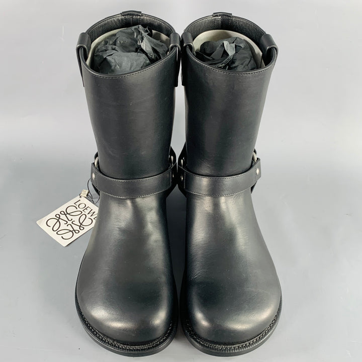 LOEWE Size 9 Campo Black Silver Harness Leather Pull On Boots