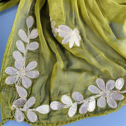 Écharpe brodée florale verte et dorée VINTAGE