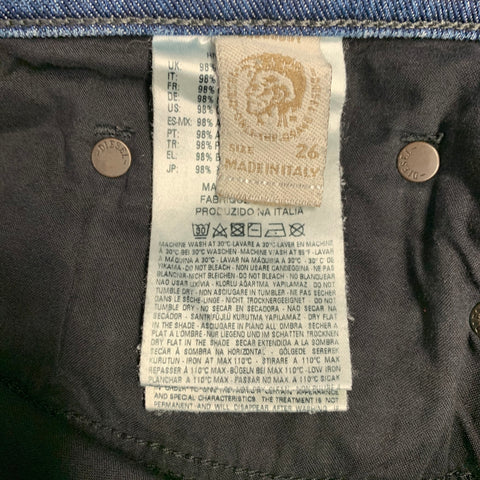 DIESEL FW16 Size 26 Tepphar Blue Distressed Cotton Blend Tapered Slim Jeans
