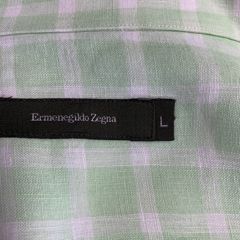 ERMENEGILDO ZEGNA Size L Green White Plaid Linen Button Up Short Sleeve Shirt
