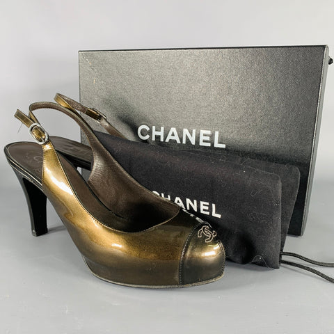 CHANEL Size 8.5 Brown Olive Glittered Patent Leather Slingback Heels  Pumps