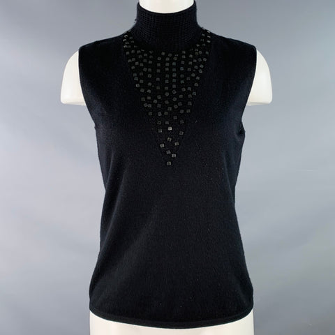 AKRIS Size 8 Black Beaded High Neck Casual Top