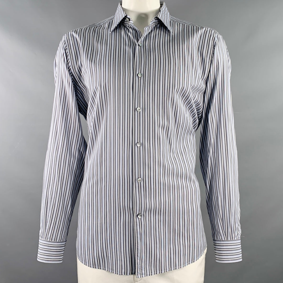 ERMENEGILDO ZEGNA Size XXL Blue Grey Stripe Cotton Long Sleeve Shirt