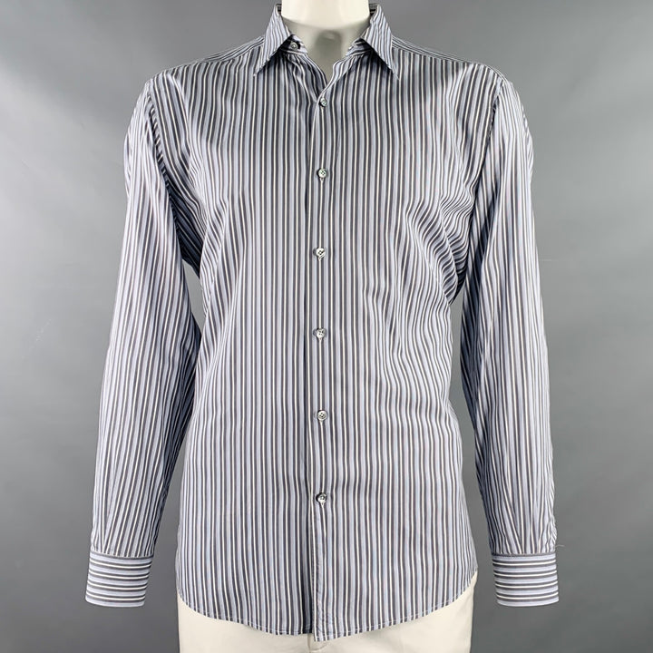 ERMENEGILDO ZEGNA Size XXL Blue Grey Stripe Cotton Long Sleeve Shirt