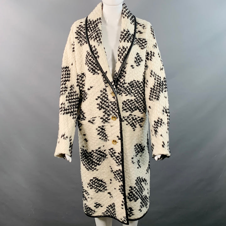DEREK LAM Size 6 White Black Acrylic Blend Knit Contrast Trim Coat
