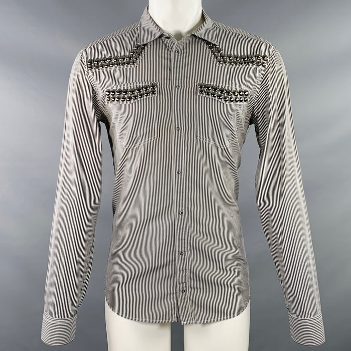 Chemise en coton à manches longues à rayures noires et blanches cloutée PIERRE BALMAIN Taille M