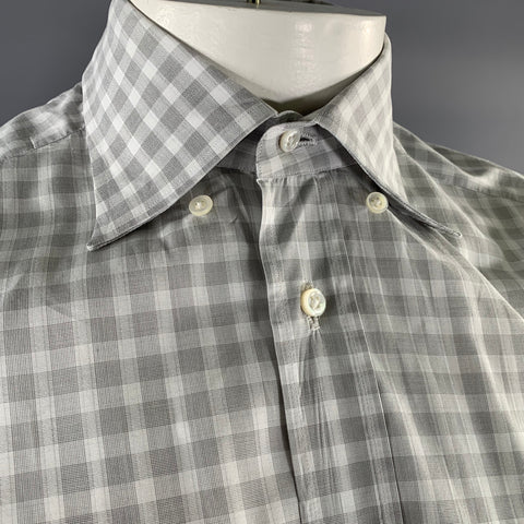 LORENZINI Size XL White Grey Gingham Cotton Button Down Long Sleeve Shirt