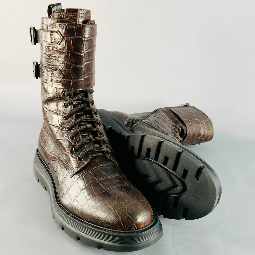 MICH SIMON Size 11 Brown Croc Embossed Leather Lace-Up Belt Calf High Military Boots