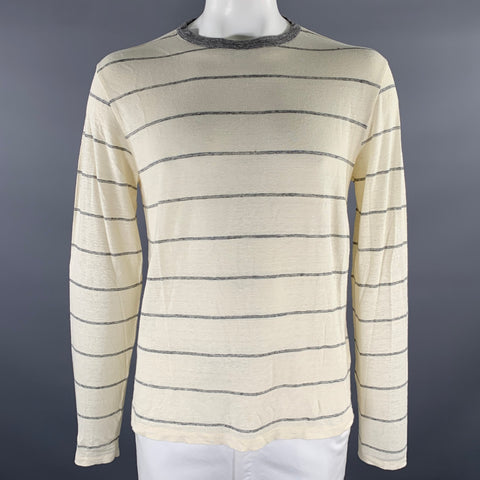 OFFICINE GENERALE Size L Cream Grey Stripe Linen Blend Lightweight Pullover